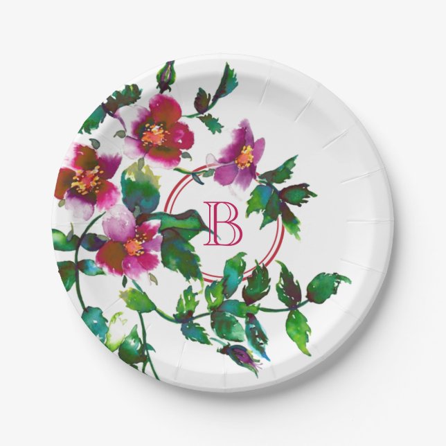 Elegant modern watercolor dark pink wildflowers paper plate (Front)
