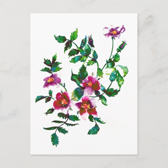 Elegant modern watercolor dark pink wildflowers postcard (Front)