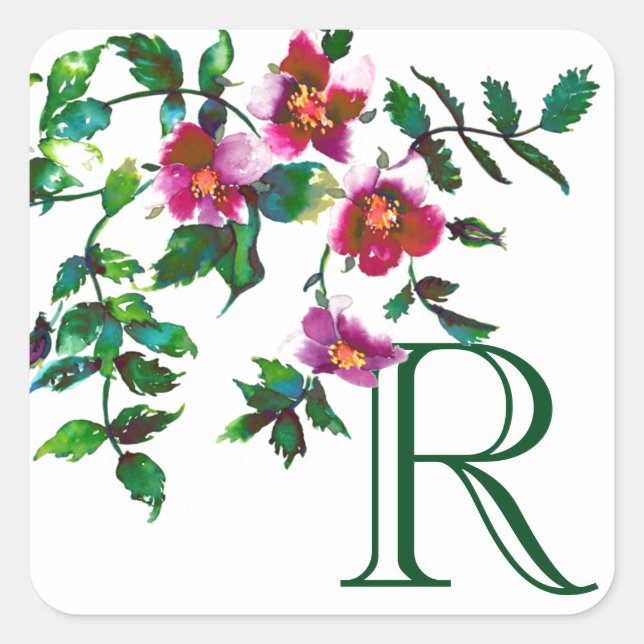 Elegant modern watercolor dark pink wildflowers square sticker (Front)