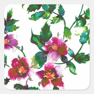 Elegant modern watercolor dark pink wildflowers square sticker