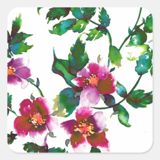Elegant modern watercolor dark pink wildflowers square sticker (Front)