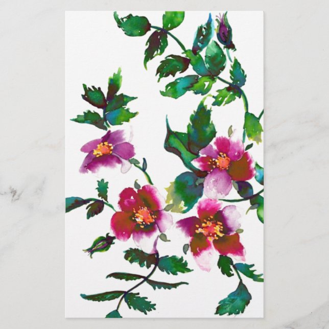 Elegant modern watercolor dark pink wildflowers stationery (Front)