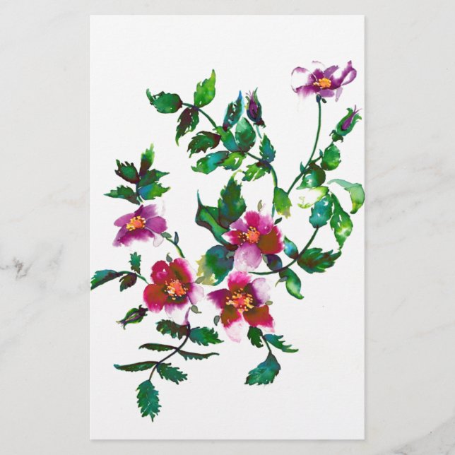 Elegant modern watercolor dark pink wildflowers stationery (Front)