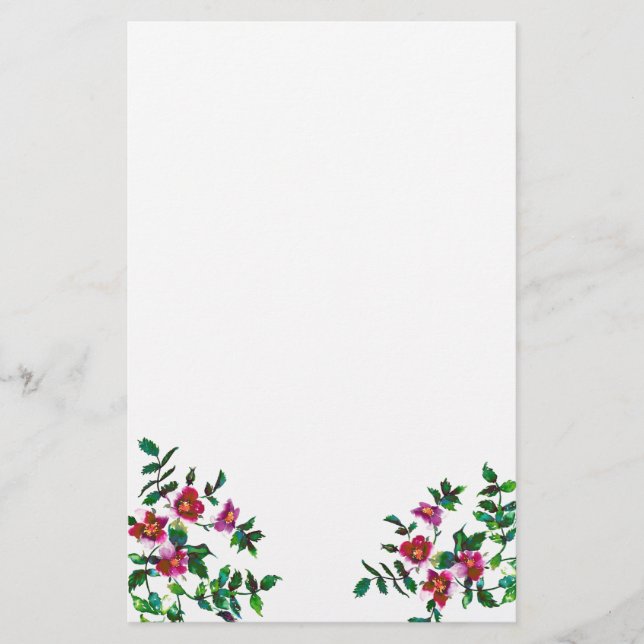 Elegant modern watercolor dark pink wildflowers stationery (Front)