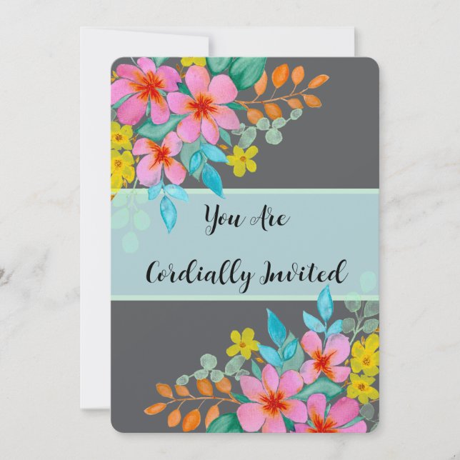 Elegant Modern Watercolor Florals on Dark Grey Invitation (Front)