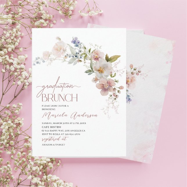 Elegant Modern  Watercolor Flowers Graduation Brun Invitation (Creator Uploaded)