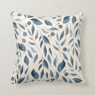 Elegant Modern Watercolor Leaves Pattern Navy Blue Cushion