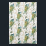 Elegant Modern Watercolor Peacock Floral Pattern Tea Towel<br><div class="desc">This stunning design feature a beautiful peacock sitting in tropical foliage. The background has various gold illustrations of peacocks on a white background #peacock #bird #animal #nature #tropical #kitchentowels #teatowels #towels #kitchen #dining #home #decor #homedecor #interior #interiors #design #designer #gift #gifts</div>