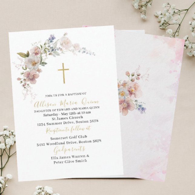 Elegant Modern Watercolor Pink Floral Baptism Invitation (Creator Uploaded)