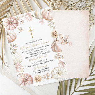Elegant Modern Watercolor Pink Floral Pumpkin Bapt Invitation
