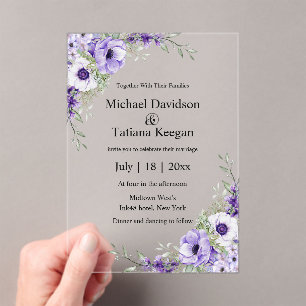 elegant modern watercolor purple floral wedding  acrylic invitations