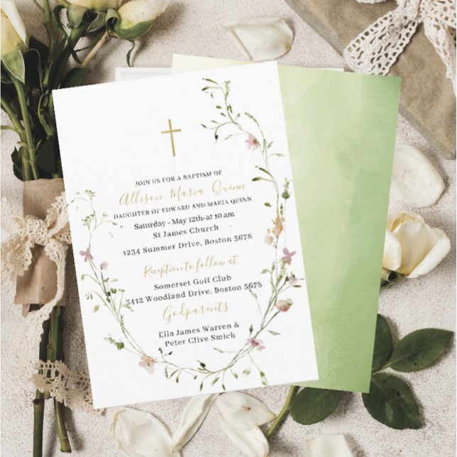Elegant Modern Watercolor  Wildflowers Baptism Invitation (Creator Uploaded)