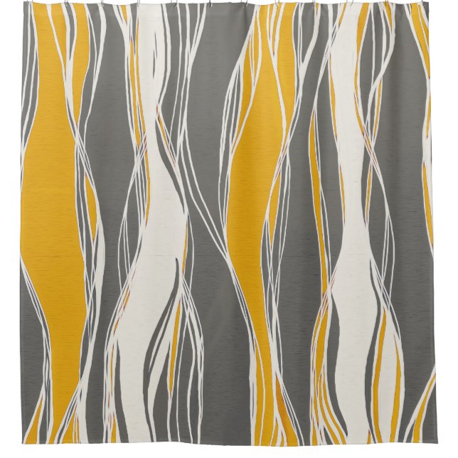 Elegant, modern, waves, lines, light grey, yellow shower curtain (Front)