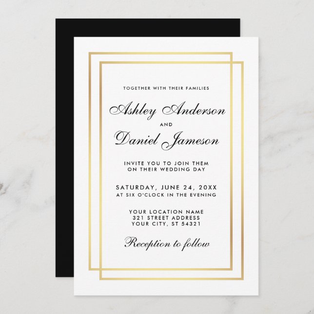 Elegant Modern Wedding Black White Gold Invitation (Front/Back)