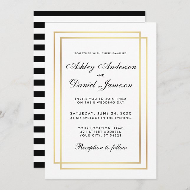 Elegant Modern Wedding Black White Striped Invite (Front/Back)