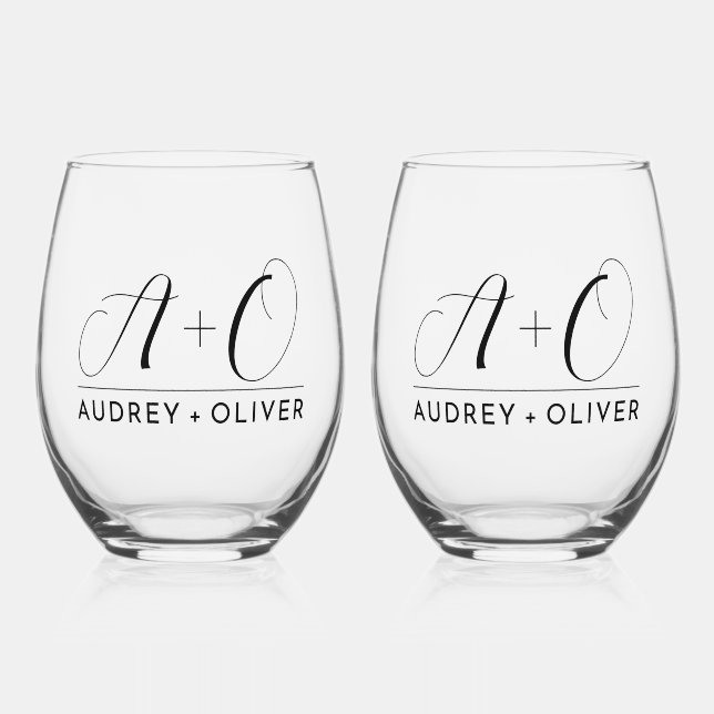 Elegant Modern Wedding Monogram Stemless Wine Glass (Front)