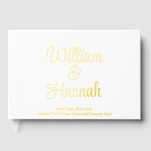 Elegant Modern Wedding White with Gold Hardcover Guest Book (Front)