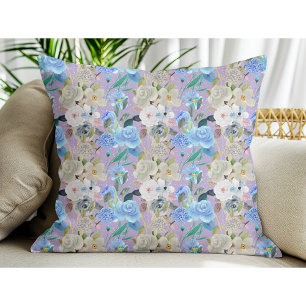 Elegant Modern Whimsical Floral Stripes Lavender Cushion