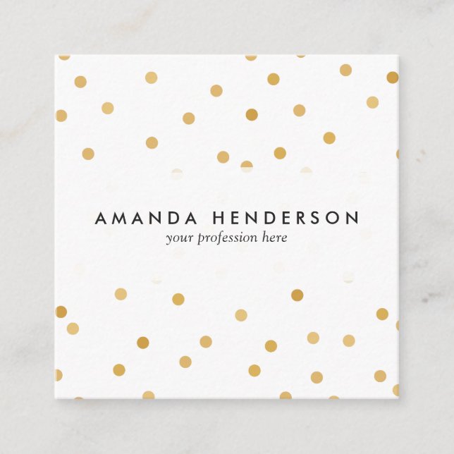 Elegant Modern White and Gold Confetti Dots Square Business Card (Front)