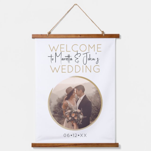 Elegant Modern White And Gold Wedding Welcome Sign Hanging Tapestry (Front)