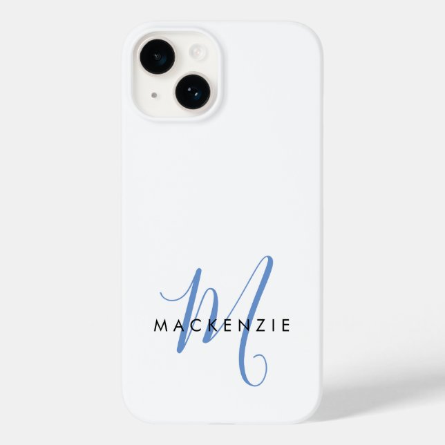 Elegant Modern White Blue Script Monogram Case-Mate iPhone Case (Back)