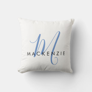 Elegant Modern White Blue Script Monogram Cushion