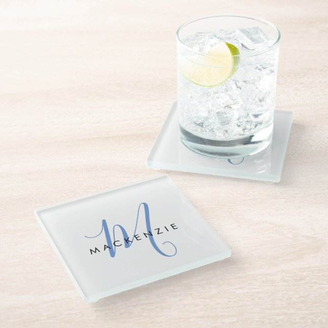 Elegant Modern White Blue Script Monogram Glass Coaster (Angled)