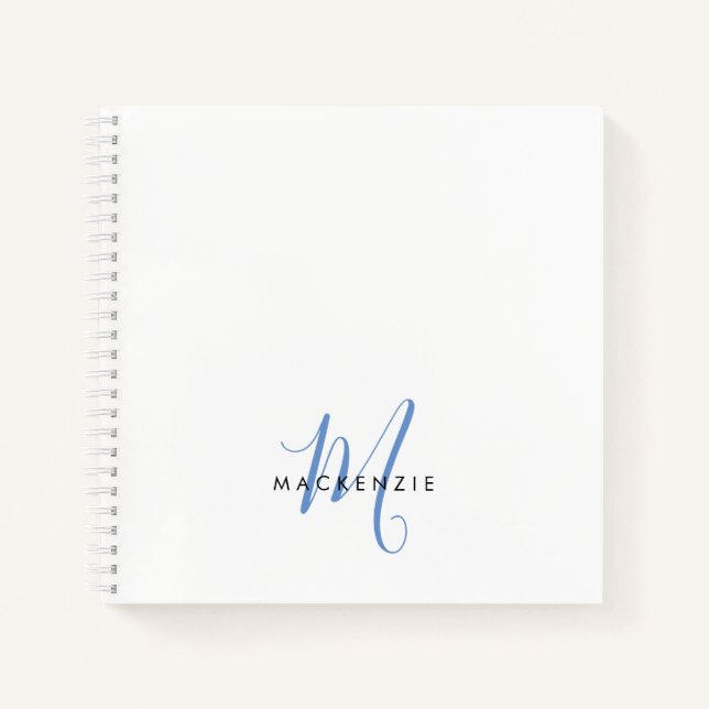 Elegant Modern White Blue Script Monogram Notebook (Front)