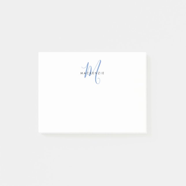 Elegant Modern White Blue Script Monogram Post-it Notes (Front)