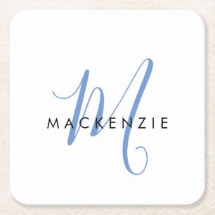 Elegant Modern White Blue Script Monogram Square Paper Coaster