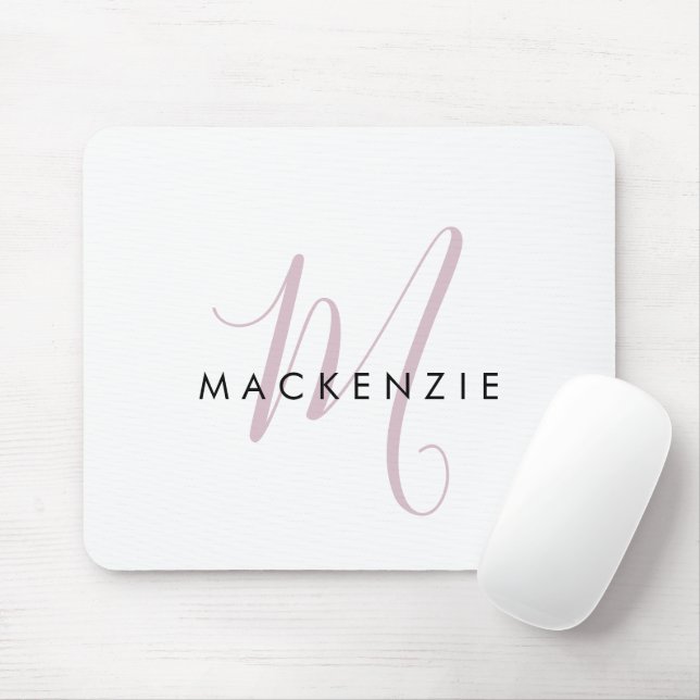 Elegant Modern White Blush Pink Script Monogram Mouse Pad (With Mouse)