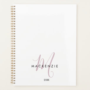 Elegant Modern White Blush Pink Script Monogram Planner
