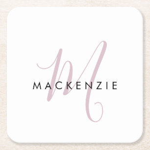 Elegant Modern White Blush Pink Script Monogram Square Paper Coaster