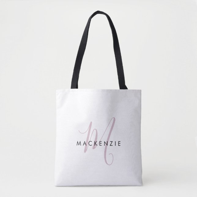 Elegant Modern White Blush Pink Script Monogram Tote Bag (Front)