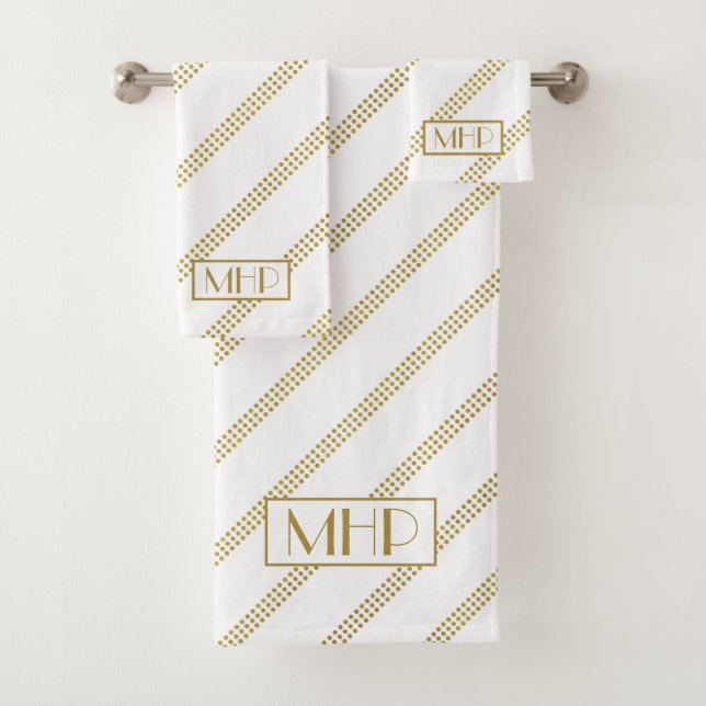 Elegant Modern White Dotted Gold Lines Monogrammed Bath Towel Set (Insitu)