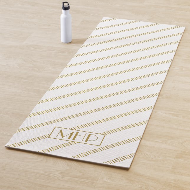 Elegant Modern White Dotted Gold Lines Monogrammed Yoga Mat (In Situ)