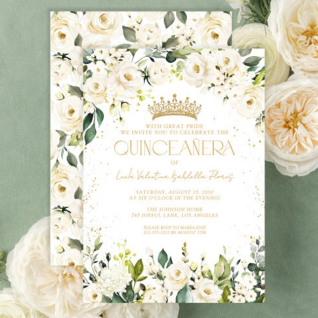 Elegant Modern White Floral Gold Quinceañera Invitation (Creator Uploaded)