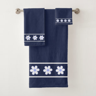 Elegant, Modern White Flowers on Navy Blue Bath Towel Set