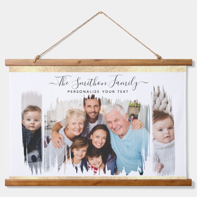  Elegant Modern White & Gold Add Your Photo Family Hanging Tapestry (Front)