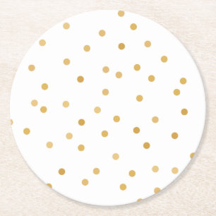 Elegant Modern White Gold Confetti Dots Round Paper Coaster