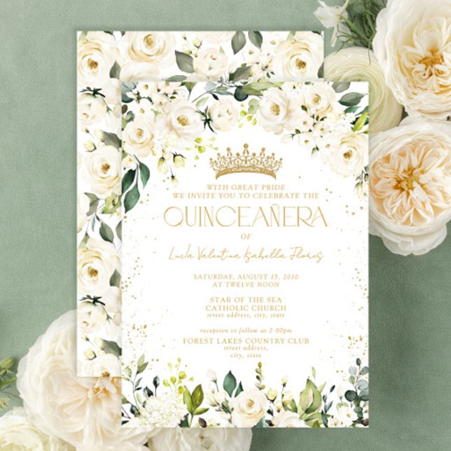 Elegant Modern White Gold Floral Quinceañera Invitation (Creator Uploaded)