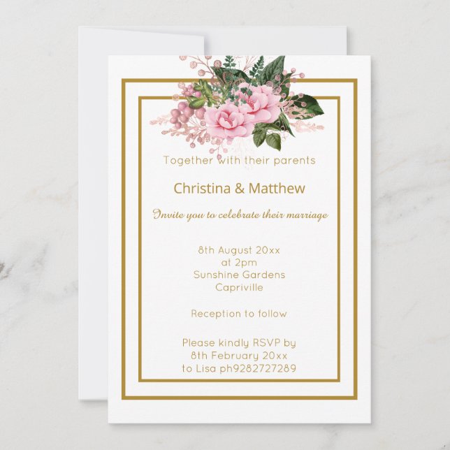 ELEGANT MODERN WHITE GOLD FLORAL WEDDING INVITATION (Front)