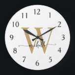 Elegant Modern White Gold Monogram Name Script Large Clock<br><div class="desc">Girly Modern Elegant Stylish White and Gold Monogram Initial Name Script Custom Personalised Large Clock. This design featuring a first name in a pretty hand lettered swash tail font calligraphy (or typography) with monogram initial in gold and black colour on white colour background. Easy to customise it. Great stylish feminine...</div>