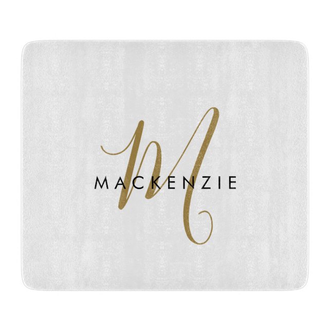 Elegant Modern White Gold Script Monogram Cutting Board (Front)