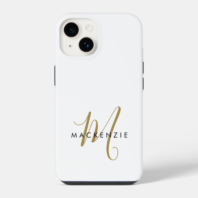 Elegant Modern White Gold Script Monogram iPhone Case (Back)