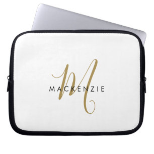 Elegant Modern White Gold Script Monogram Laptop Sleeve