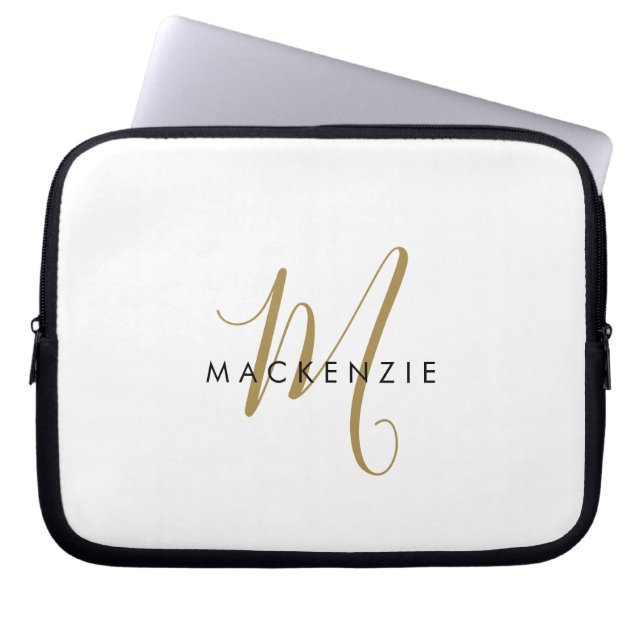 Elegant Modern White Gold Script Monogram Laptop Sleeve (Front)