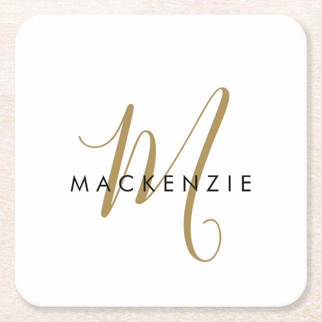 Elegant Modern White Gold Script Monogram Square Paper Coaster (Front)