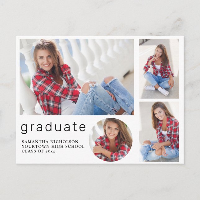 Elegant Modern White Graduation 4 Photo Collage Invitation Postcard (Front)