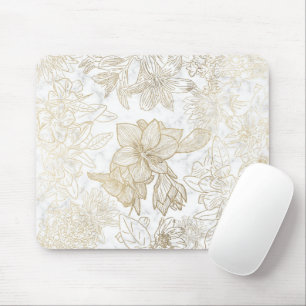 Elegant modern white gray gold marble floral mouse pad